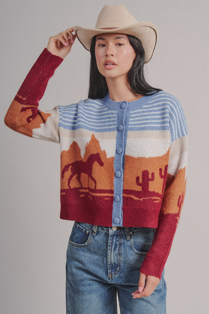Western Desert Scene Button Front Cardigan in Blue - Women's Wholesale Fashion | Trend Notes