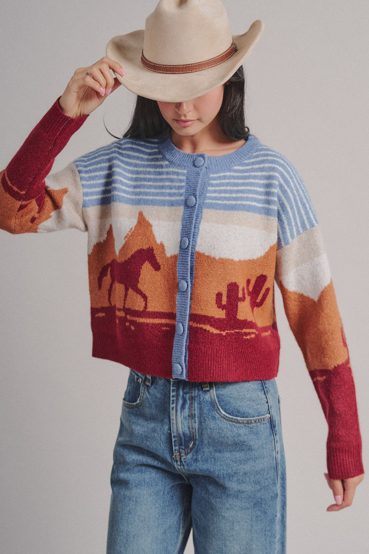 Western Desert Scene Button Front Cardigan in Blue - Women's Wholesale Fashion | Trend Notes