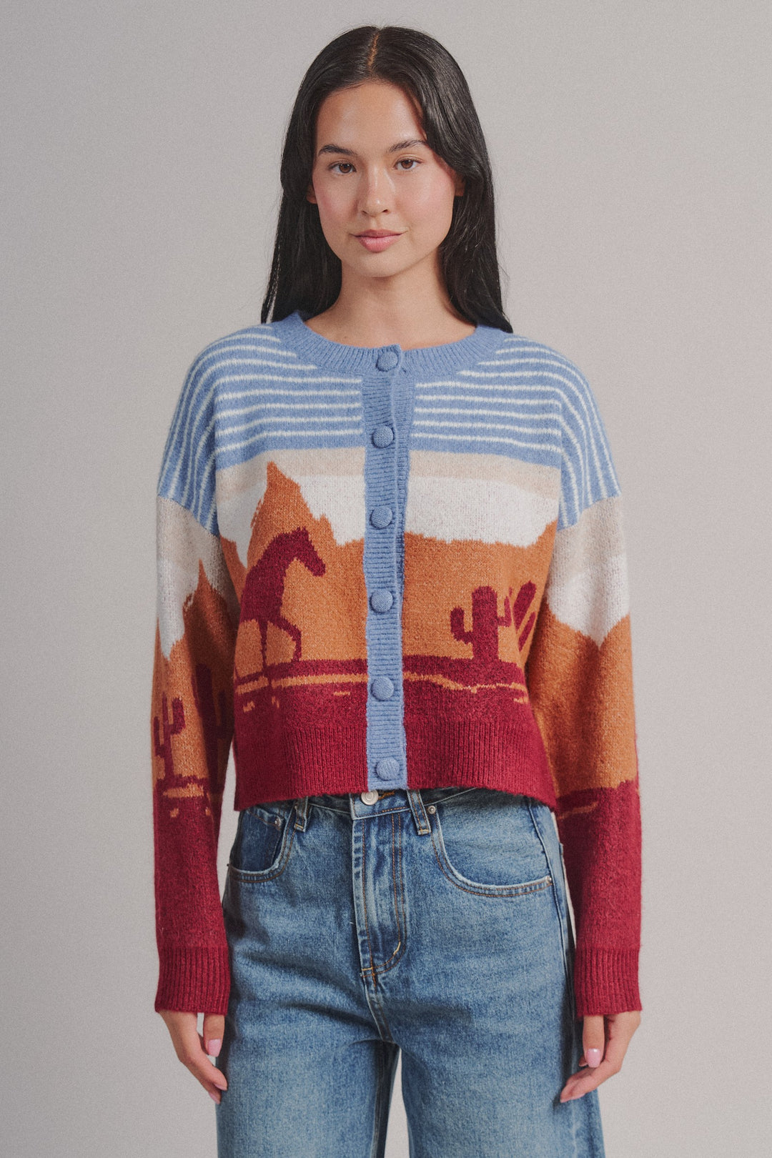 Western Desert Scene Button Front Cardigan in Blue - Women's Wholesale Fashion | Trend Notes