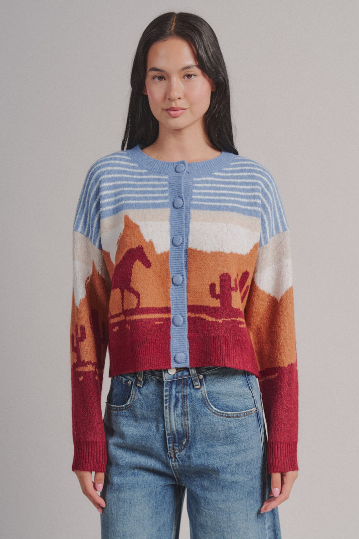 Western Desert Scene Button Front Cardigan in Blue - Women's Wholesale Fashion | Trend Notes