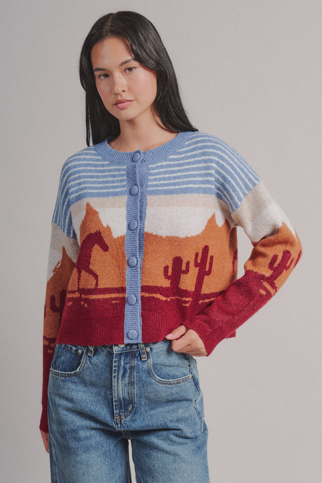Western Desert Scene Button Front Cardigan in Blue - Women's Wholesale Fashion | Trend Notes