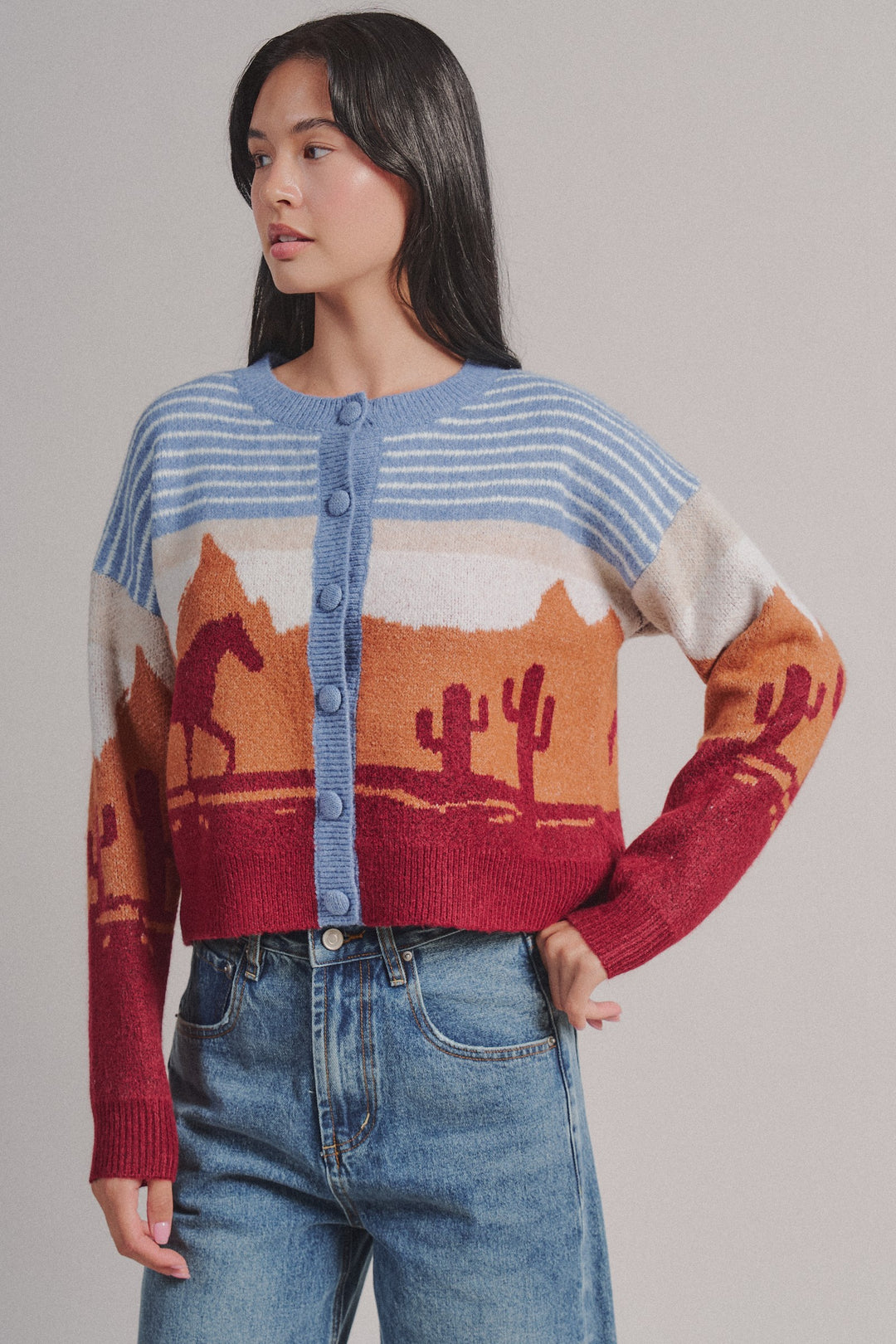 Western Desert Scene Button Front Cardigan in Blue - Women's Wholesale Fashion | Trend Notes