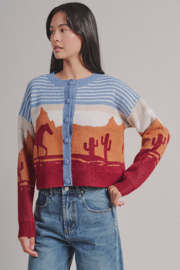 Western Desert Scene Button Front Cardigan in Blue - Women's Wholesale Fashion | Trend Notes