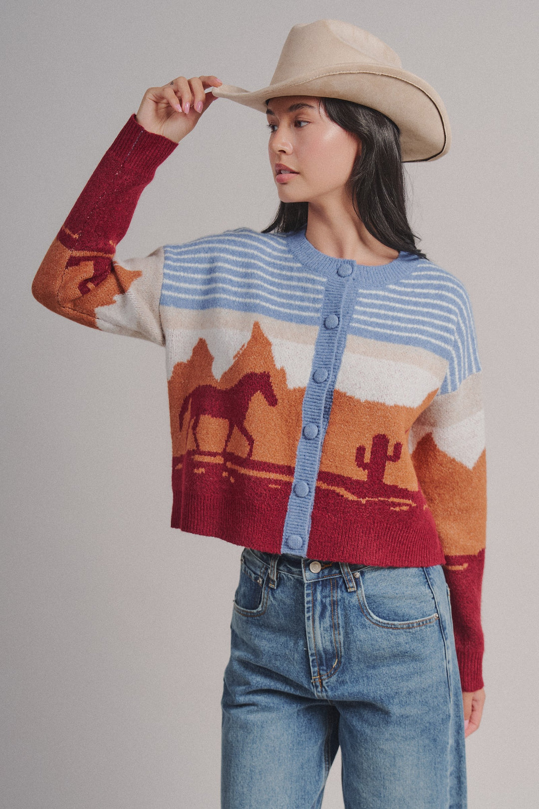 Western Desert Scene Button Front Cardigan in Blue - Women's Wholesale Fashion | Trend Notes