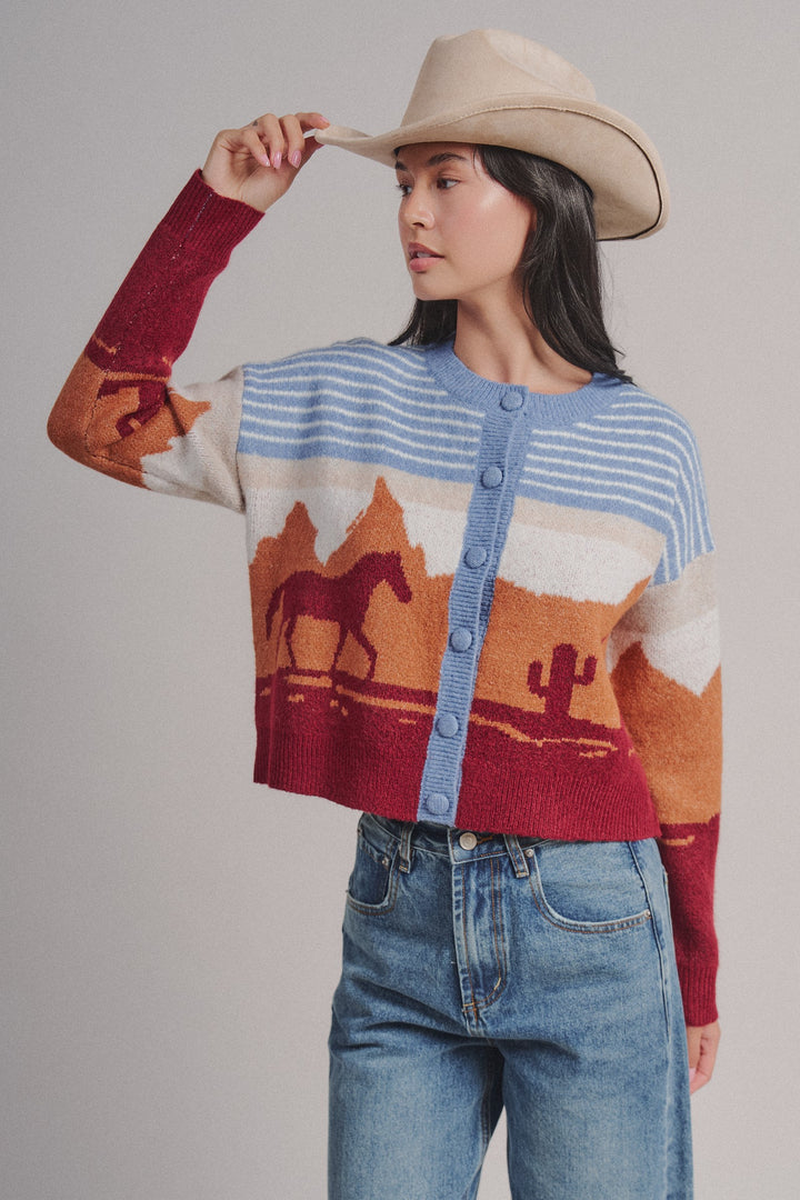 Western Desert Scene Button Front Cardigan in Blue - Women's Wholesale Fashion | Trend Notes