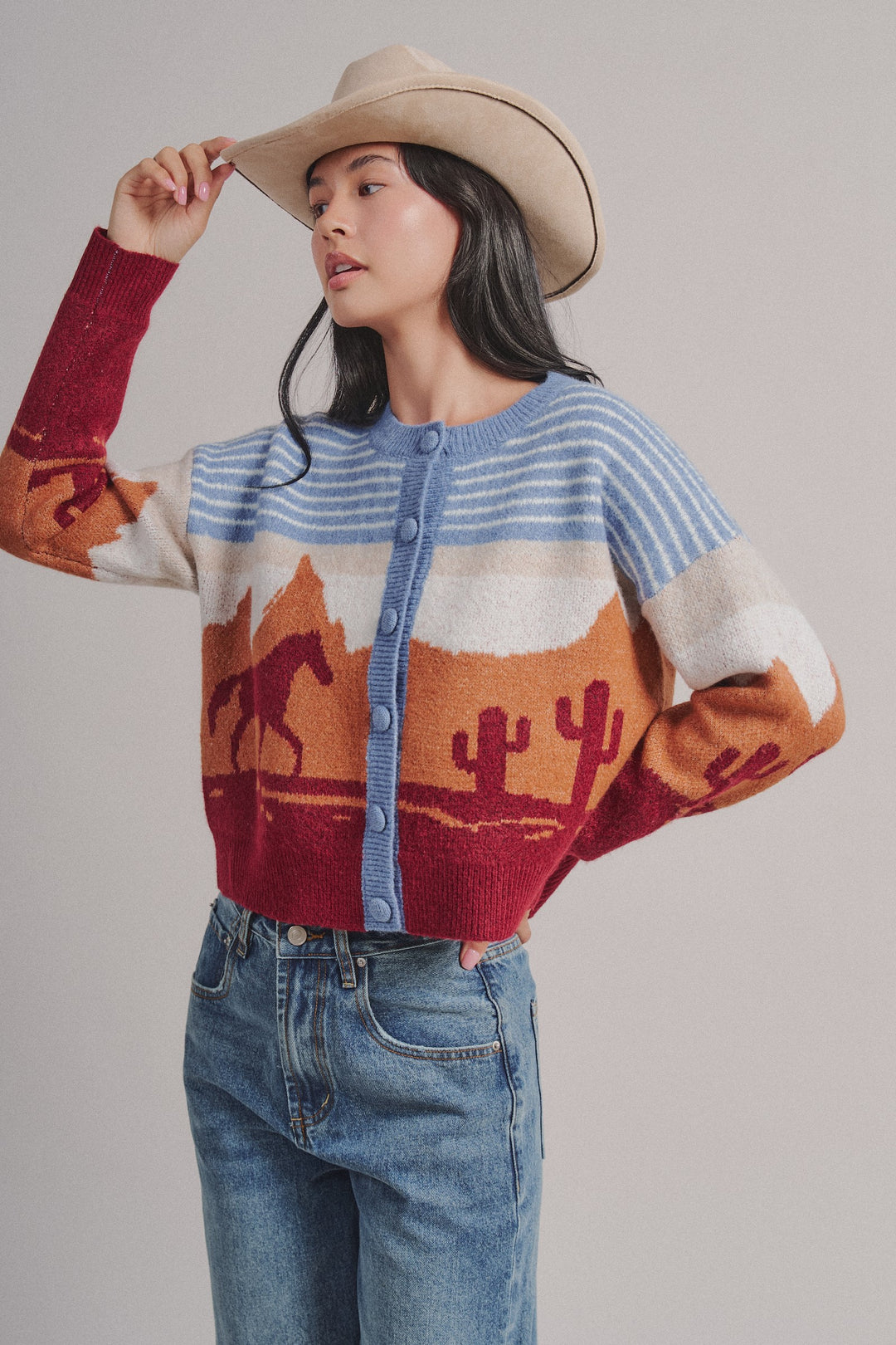 Western Desert Scene Button Front Cardigan in Blue - Women's Wholesale Fashion | Trend Notes
