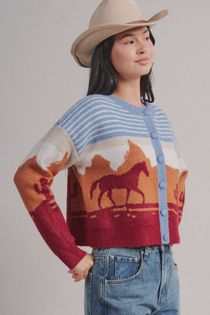 Western Desert Scene Button Front Cardigan in Blue - Women's Wholesale Fashion | Trend Notes