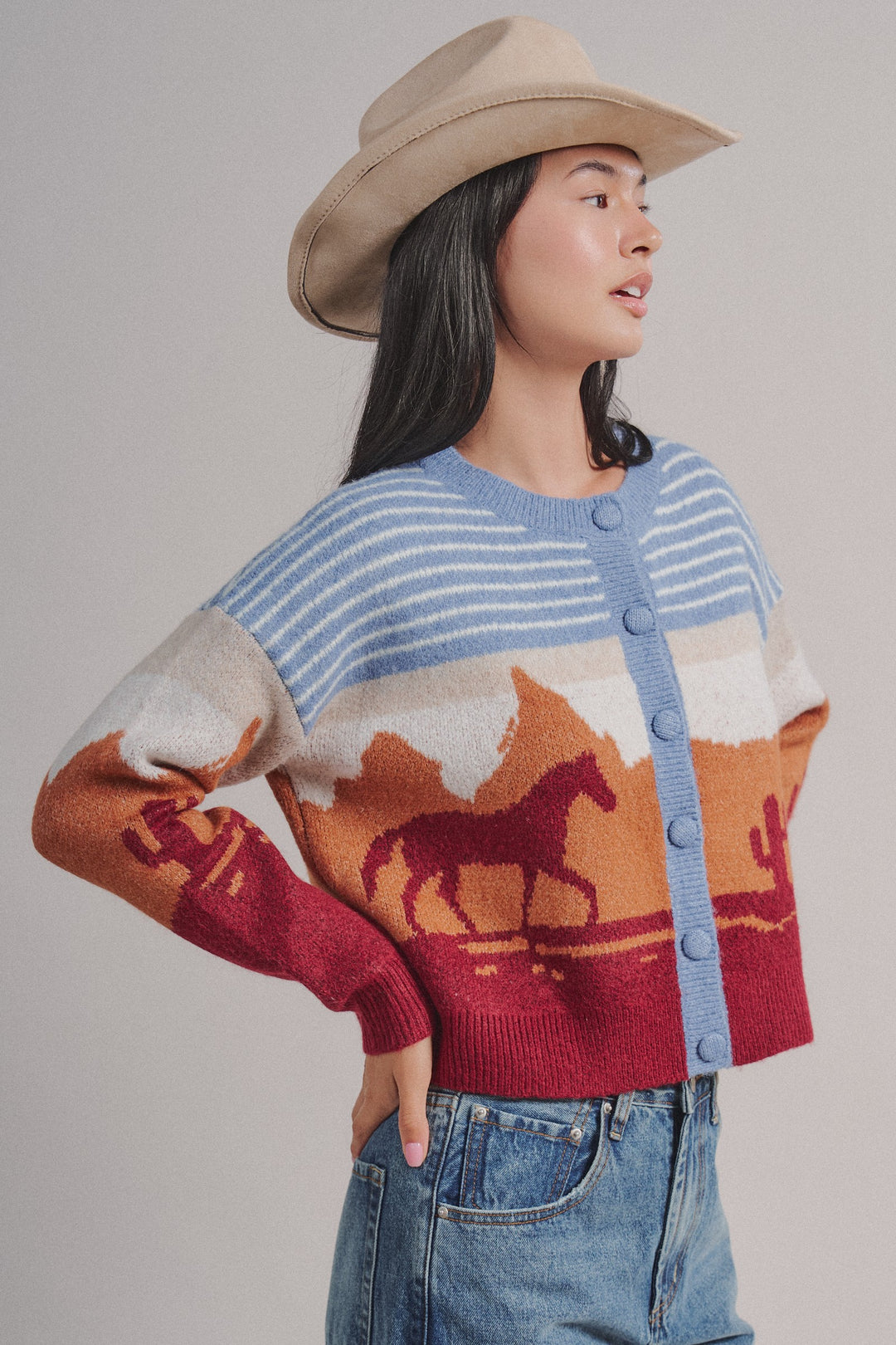 Western Desert Scene Button Front Cardigan in Blue - Women's Wholesale Fashion | Trend Notes