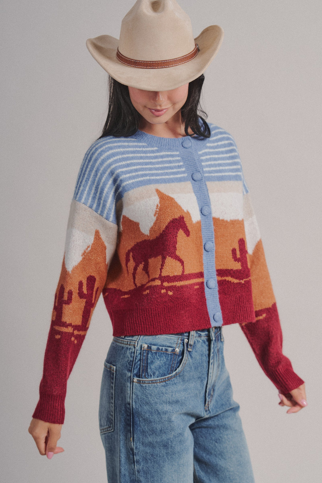 Western Desert Scene Button Front Cardigan in Blue - Women's Wholesale Fashion | Trend Notes