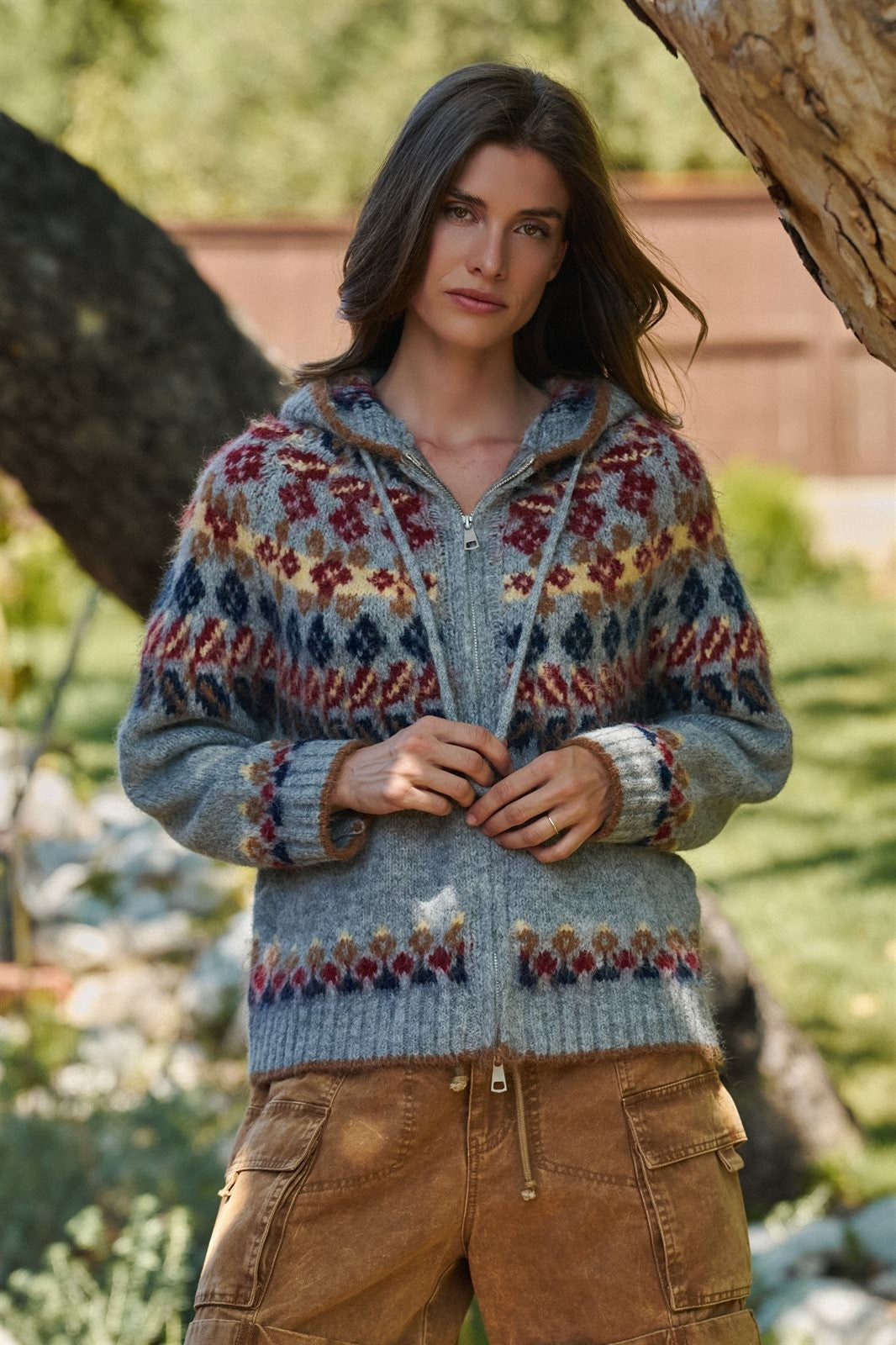 Fair Isle Knit Hooded Zip Sweater Jacket in Grey Multi - Women's Wholesale Cardigans & Shrugs | Trend Notes