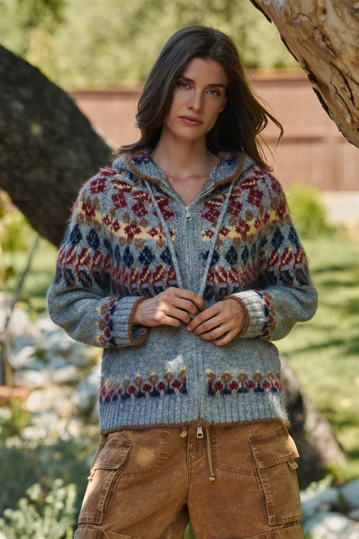 Fair Isle Knit Hooded Zip Sweater Jacket in Grey Multi - Women's Wholesale Cardigans & Shrugs | Trend Notes