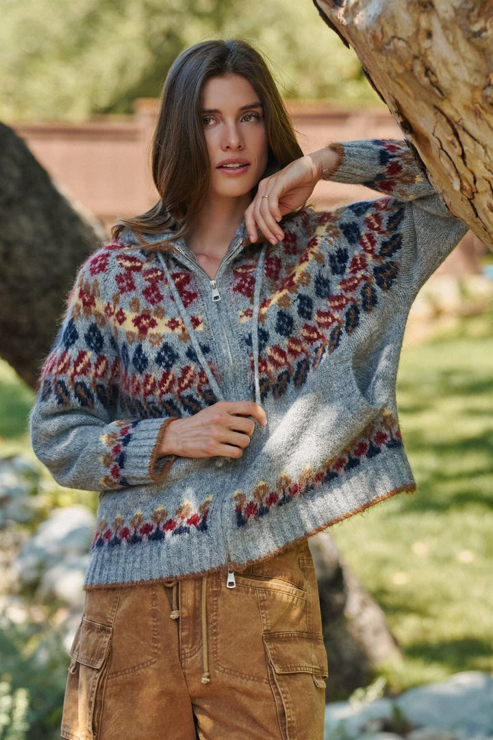 Fair Isle Knit Hooded Zip Sweater Jacket in Grey Multi - Women's Wholesale Cardigans & Shrugs | Trend Notes