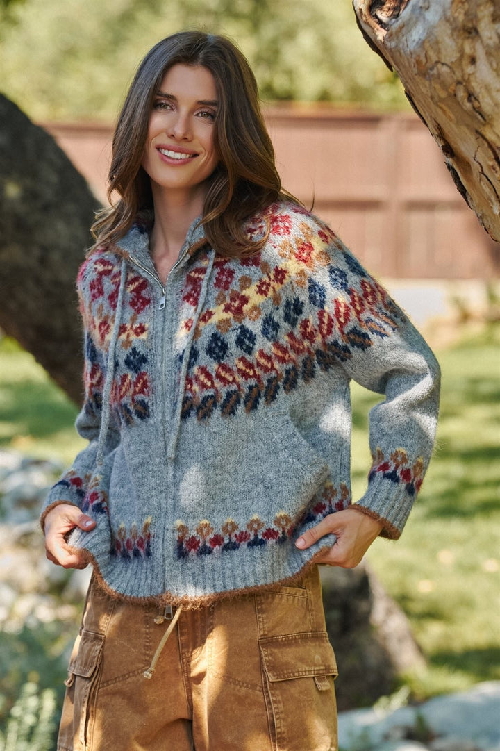 Fair Isle Knit Hooded Zip Sweater Jacket in Grey Multi - Women's Wholesale Cardigans & Shrugs | Trend Notes