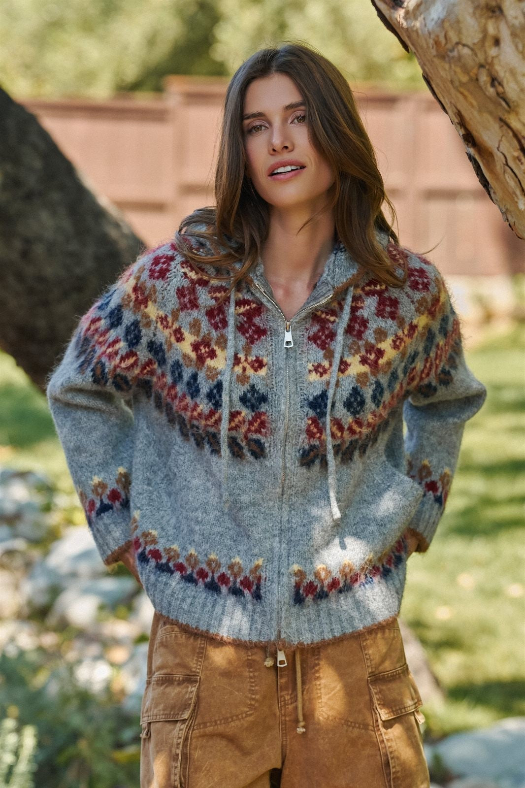 Fair Isle Knit Hooded Zip Sweater Jacket in Grey Multi - Women's Wholesale Cardigans & Shrugs | Trend Notes