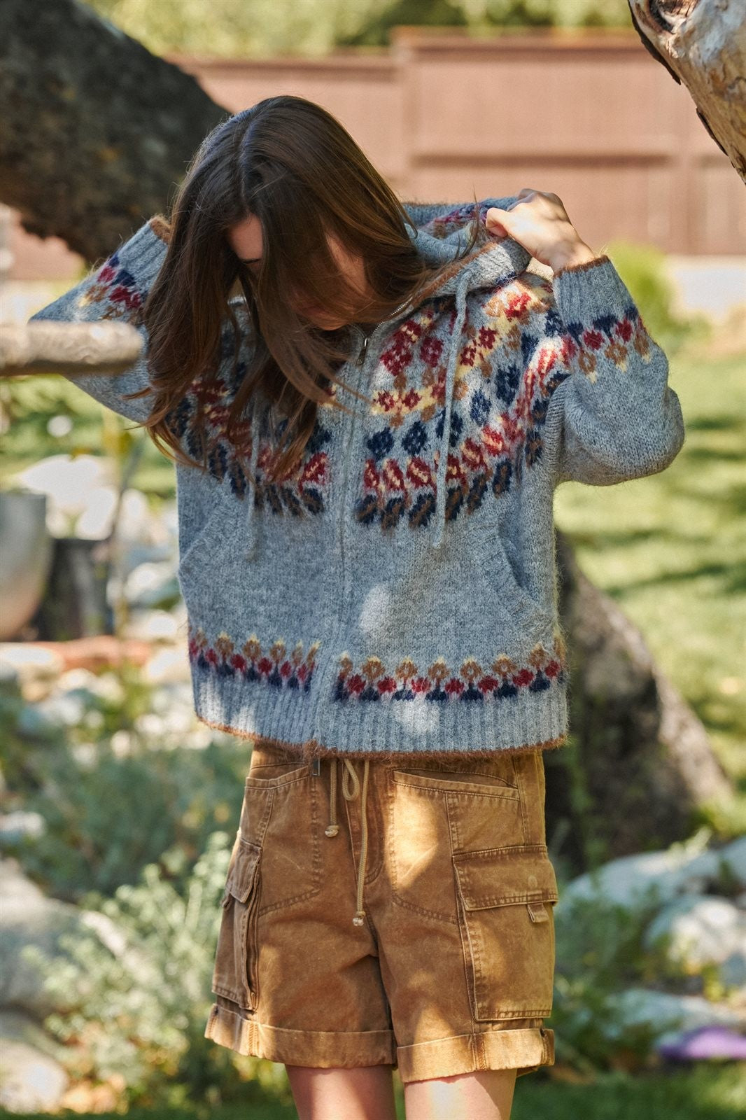Fair Isle Knit Hooded Zip Sweater Jacket in Grey Multi - Women's Wholesale Cardigans & Shrugs | Trend Notes