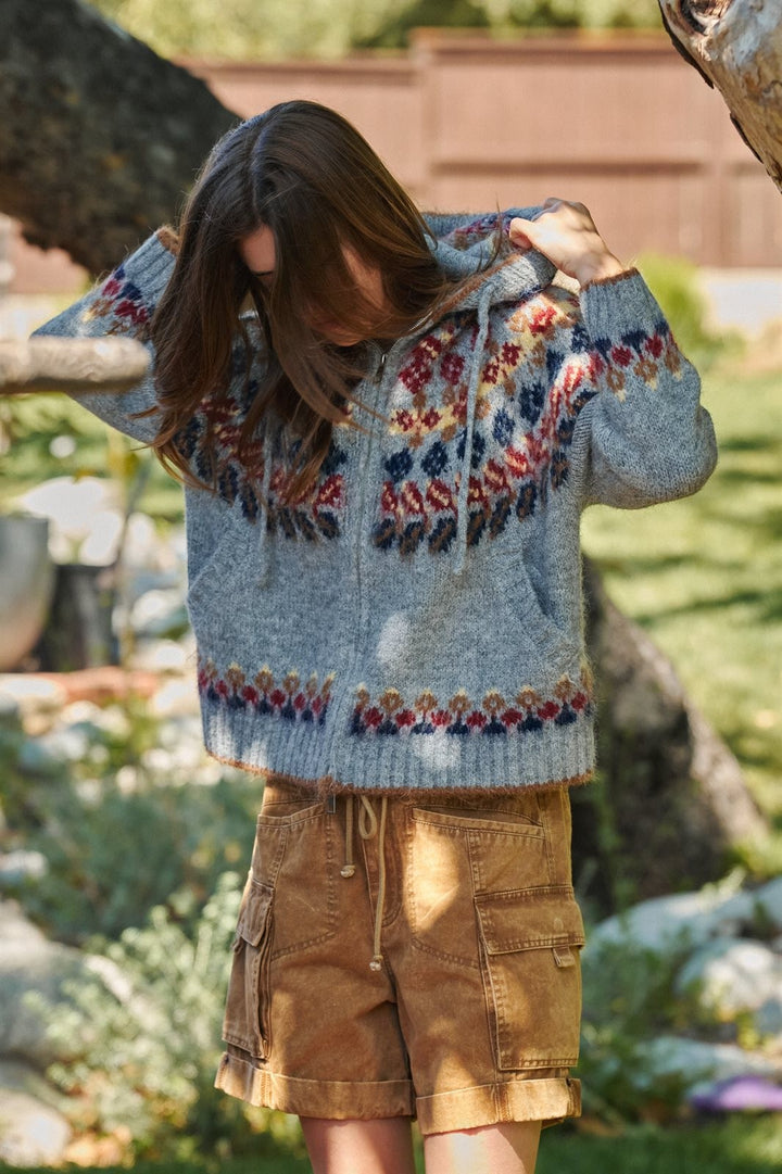 Fair Isle Knit Hooded Zip Sweater Jacket in Grey Multi - Women's Wholesale Cardigans & Shrugs | Trend Notes