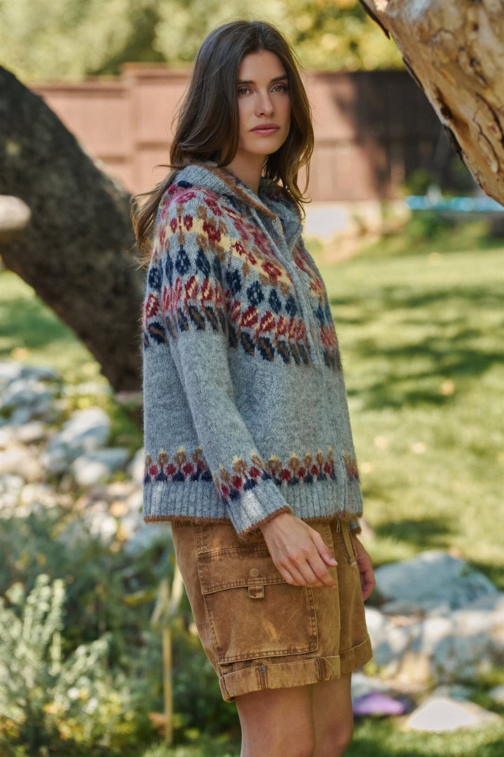 Fair Isle Knit Hooded Zip Sweater Jacket in Grey Multi - Women's Wholesale Cardigans & Shrugs | Trend Notes