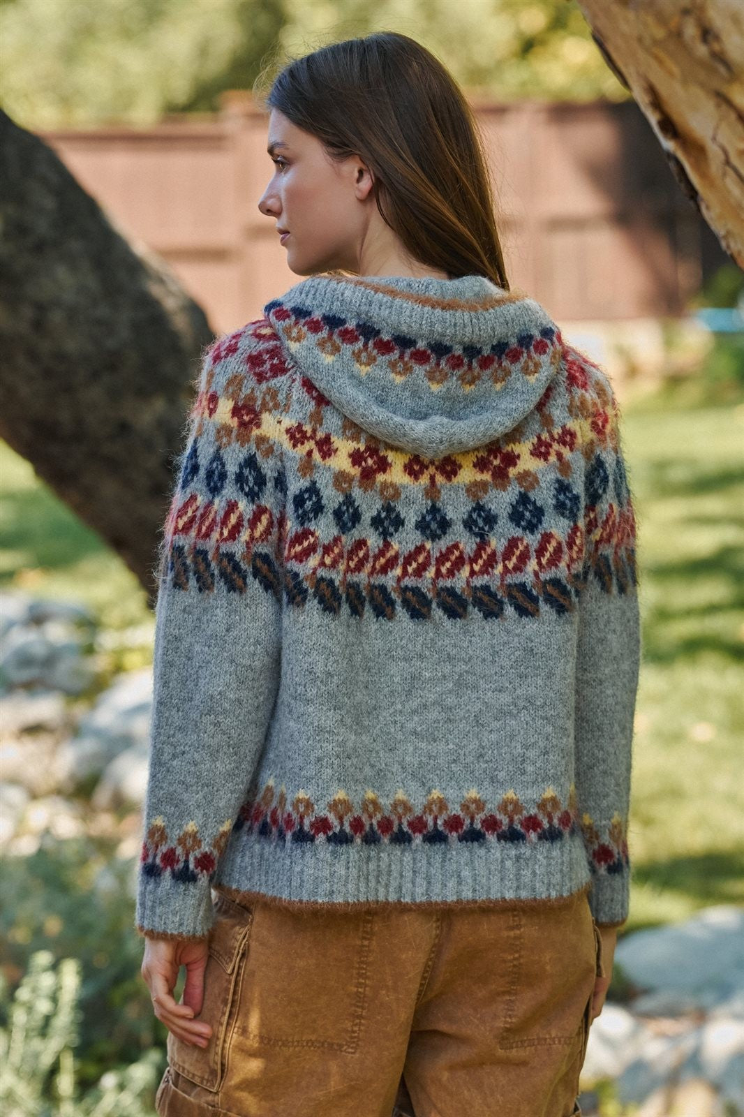 Fair Isle Knit Hooded Zip Sweater Jacket in Grey Multi - Women's Wholesale Cardigans & Shrugs | Trend Notes