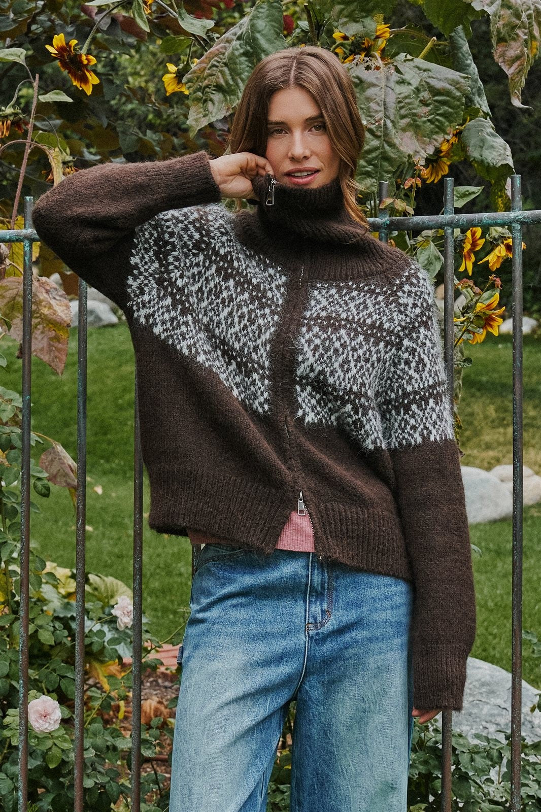 Nordic Fair Isle Zip Up Sweater Jacket Wool Blend in Brown - Women's Wholesale Cardigans & Shrugs | Trend Notes