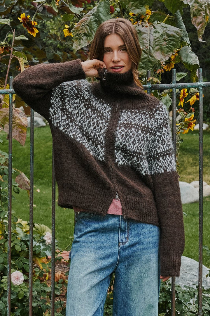 Nordic Fair Isle Zip Up Sweater Jacket Wool Blend in Brown - Women's Wholesale Cardigans & Shrugs | Trend Notes
