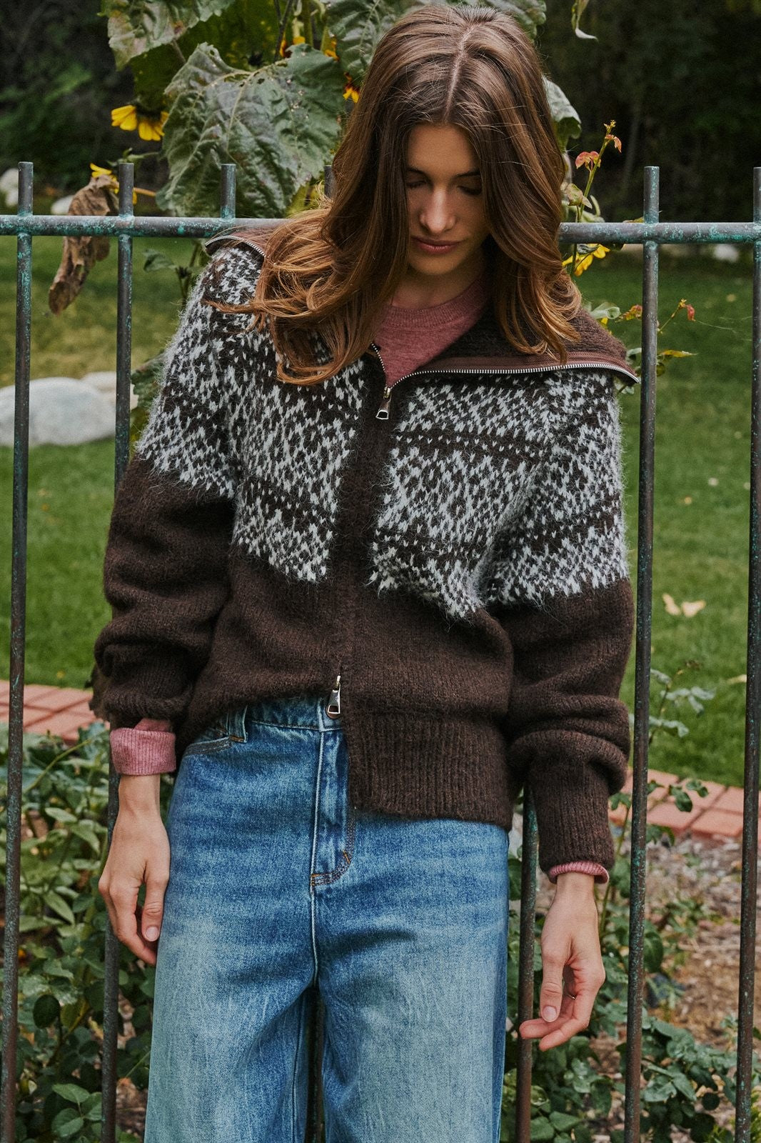 Nordic Fair Isle Zip Up Sweater Jacket Wool Blend in Brown - Women's Wholesale Cardigans & Shrugs | Trend Notes