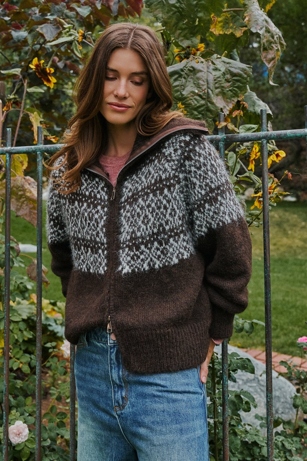 Nordic Fair Isle Zip Up Sweater Jacket Wool Blend in Brown - Women's Wholesale Cardigans & Shrugs | Trend Notes