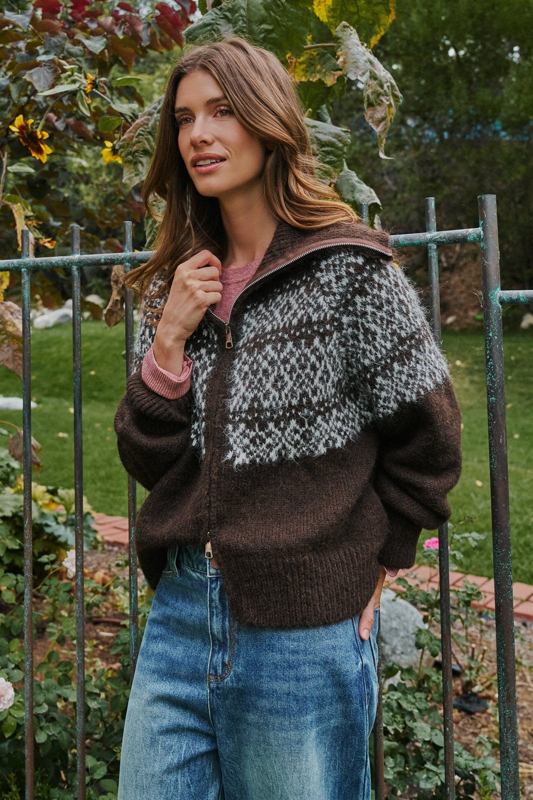 Nordic Fair Isle Zip Up Sweater Jacket Wool Blend in Brown - Women's Wholesale Cardigans & Shrugs | Trend Notes