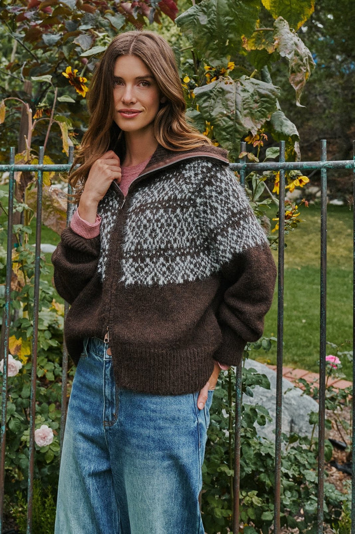 Nordic Fair Isle Zip Up Sweater Jacket Wool Blend in Brown - Women's Wholesale Cardigans & Shrugs | Trend Notes