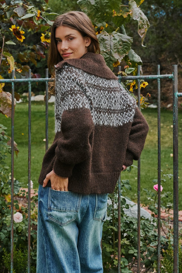 Nordic Fair Isle Zip Up Sweater Jacket Wool Blend in Brown - Women's Wholesale Cardigans & Shrugs | Trend Notes