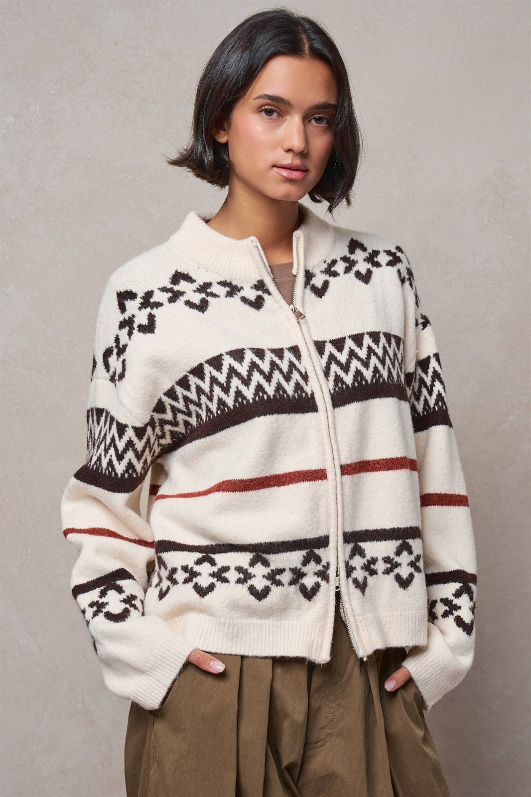 Powder Day Fair Isle Zip Cardigan in Ivory - Women's Wholesale Jackets & Blazers | Trend Notes