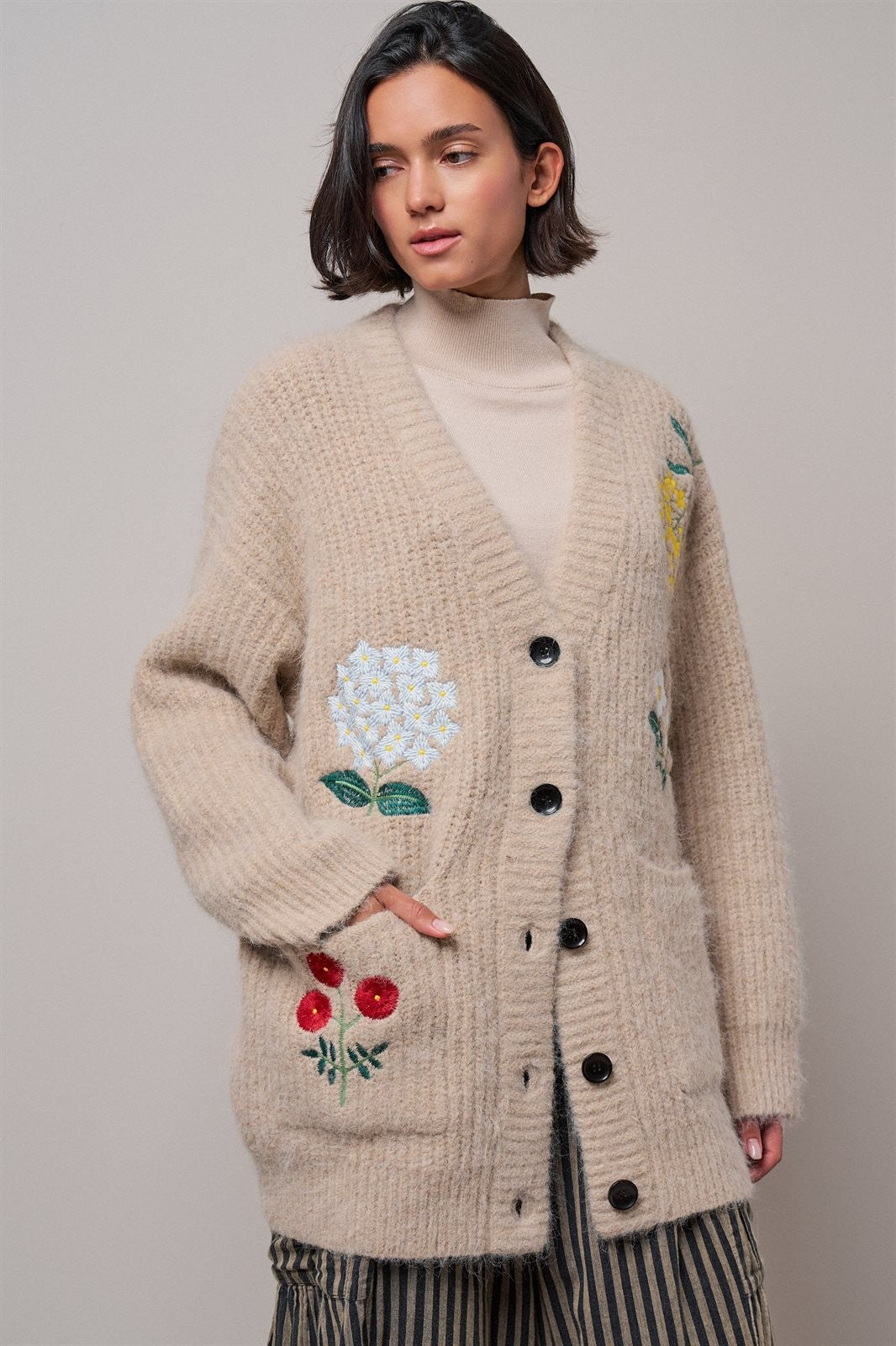 Floral Embroidered Oversized Knit Cardigan in Khaki - Women's Wholesale Cardigans & Shrugs | Trend Notes