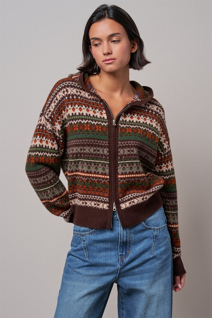 Snow Day Fair Isle Hooded Sweater in Brown - Women's Wholesale Cardigans & Shrugs | Trend Notes