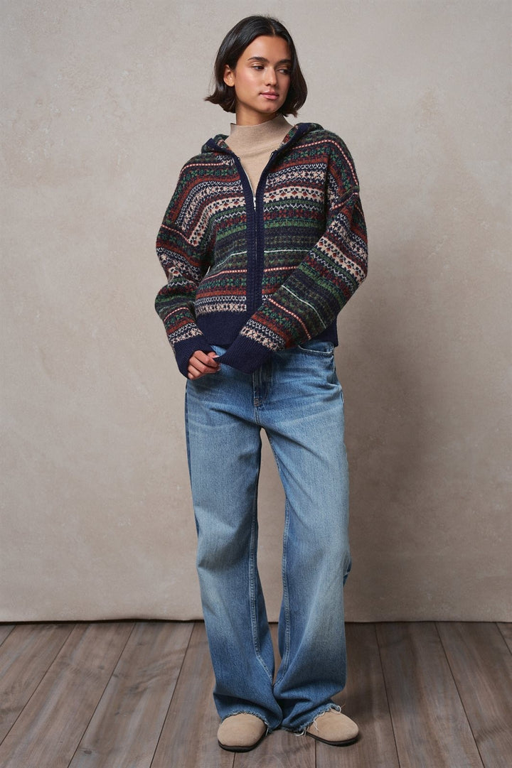 Snow Day Fair Isle Hooded Sweater in Navy - Women's Wholesale Cardigans & Shrugs | Trend Notes