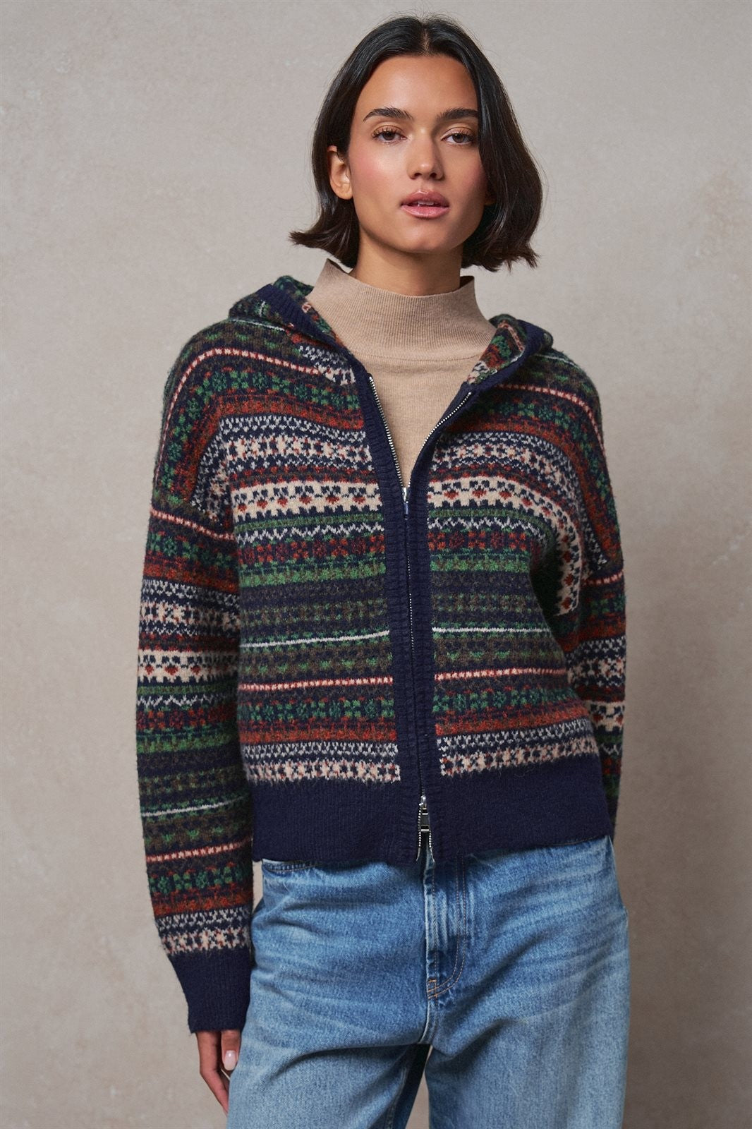 Snow Day Fair Isle Hooded Sweater in Navy - Women's Wholesale Cardigans & Shrugs | Trend Notes