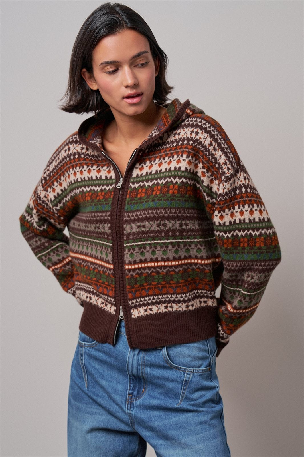 Snow Day Fair Isle Hooded Sweater in Brown - Women's Wholesale Cardigans & Shrugs | Trend Notes