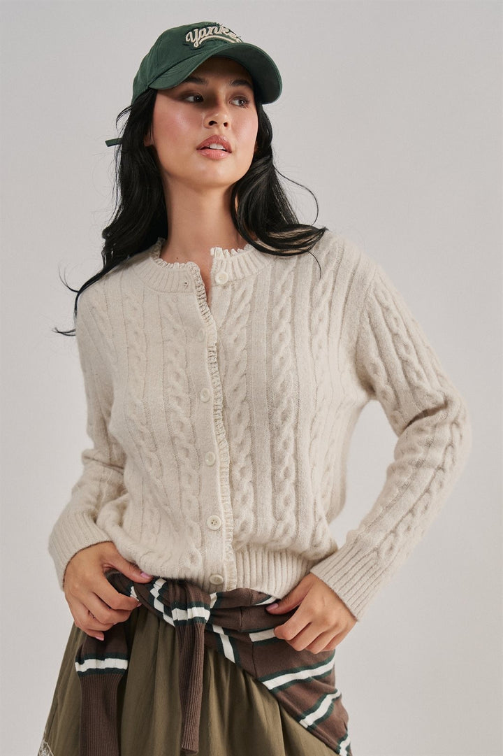 Cable Knit Lace Trim Button Cardigan Sweater in Ivory - Women's Wholesale Cardigans & Shrugs | Trend Notes