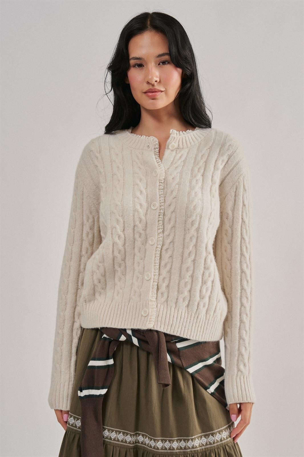 Cable Knit Lace Trim Button Cardigan Sweater in Ivory - Women's Wholesale Cardigans & Shrugs | Trend Notes