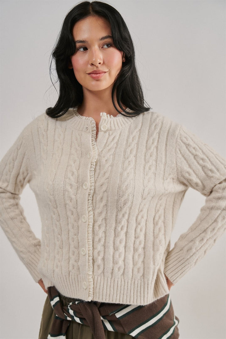 Cable Knit Lace Trim Button Cardigan Sweater in Ivory - Women's Wholesale Cardigans & Shrugs | Trend Notes