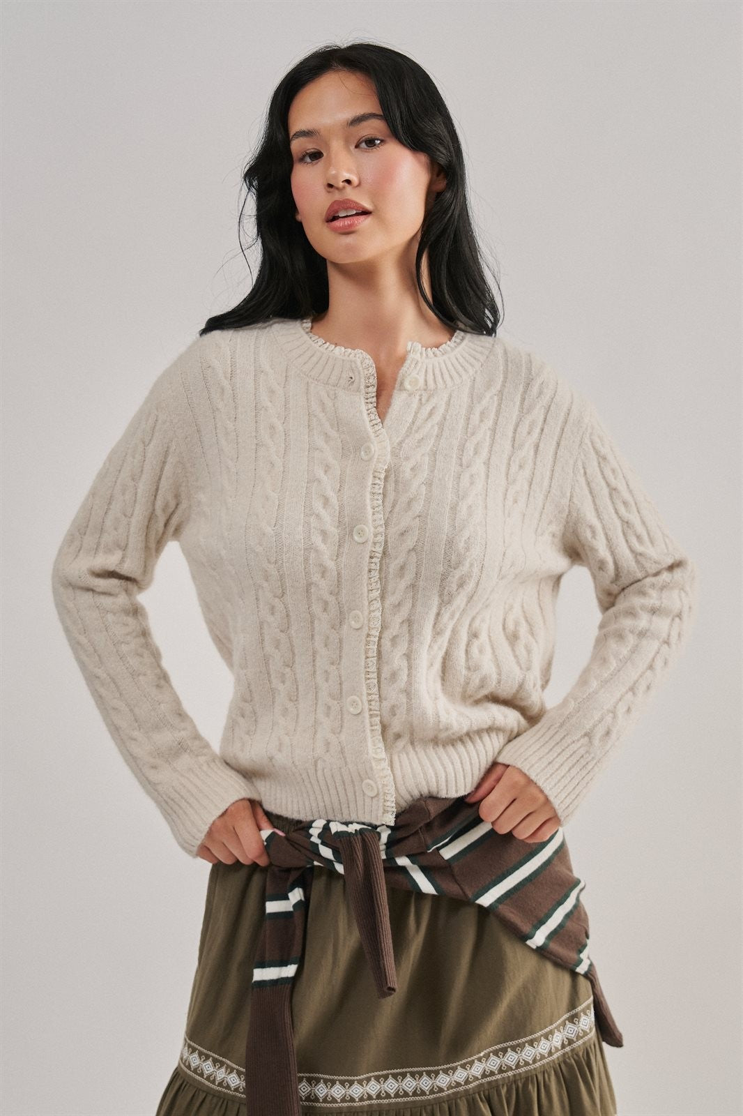 Cable Knit Lace Trim Button Cardigan Sweater in Ivory - Women's Wholesale Cardigans & Shrugs | Trend Notes