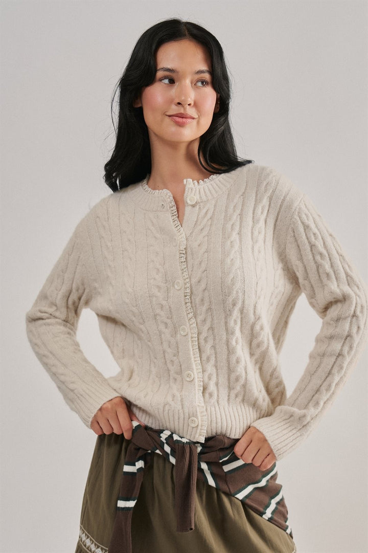 Cable Knit Lace Trim Button Cardigan Sweater in Ivory - Women's Wholesale Cardigans & Shrugs | Trend Notes