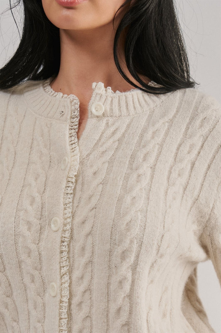 Cable Knit Lace Trim Button Cardigan Sweater in Ivory - Women's Wholesale Cardigans & Shrugs | Trend Notes
