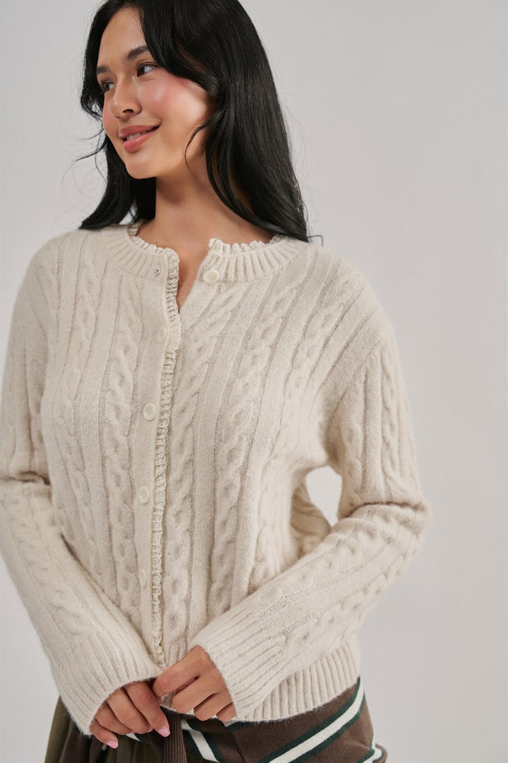 Cable Knit Lace Trim Button Cardigan Sweater in Ivory - Women's Wholesale Cardigans & Shrugs | Trend Notes