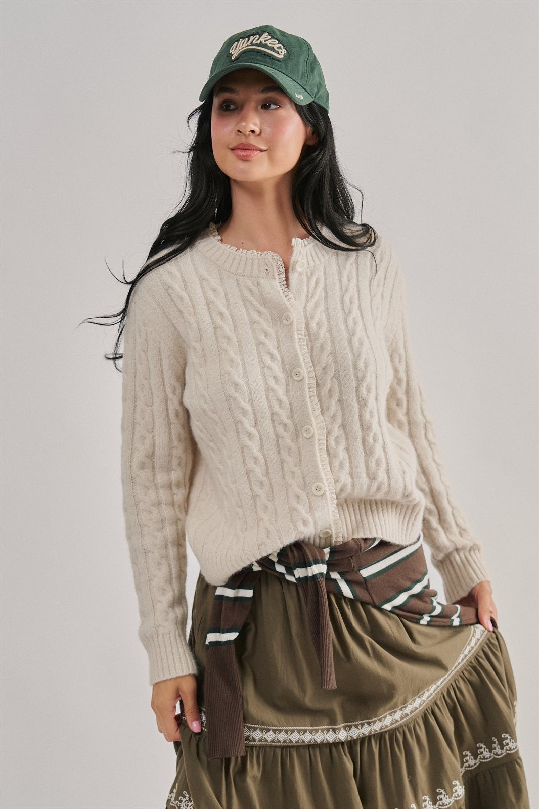 Cable Knit Lace Trim Button Cardigan Sweater in Ivory - Women's Wholesale Cardigans & Shrugs | Trend Notes