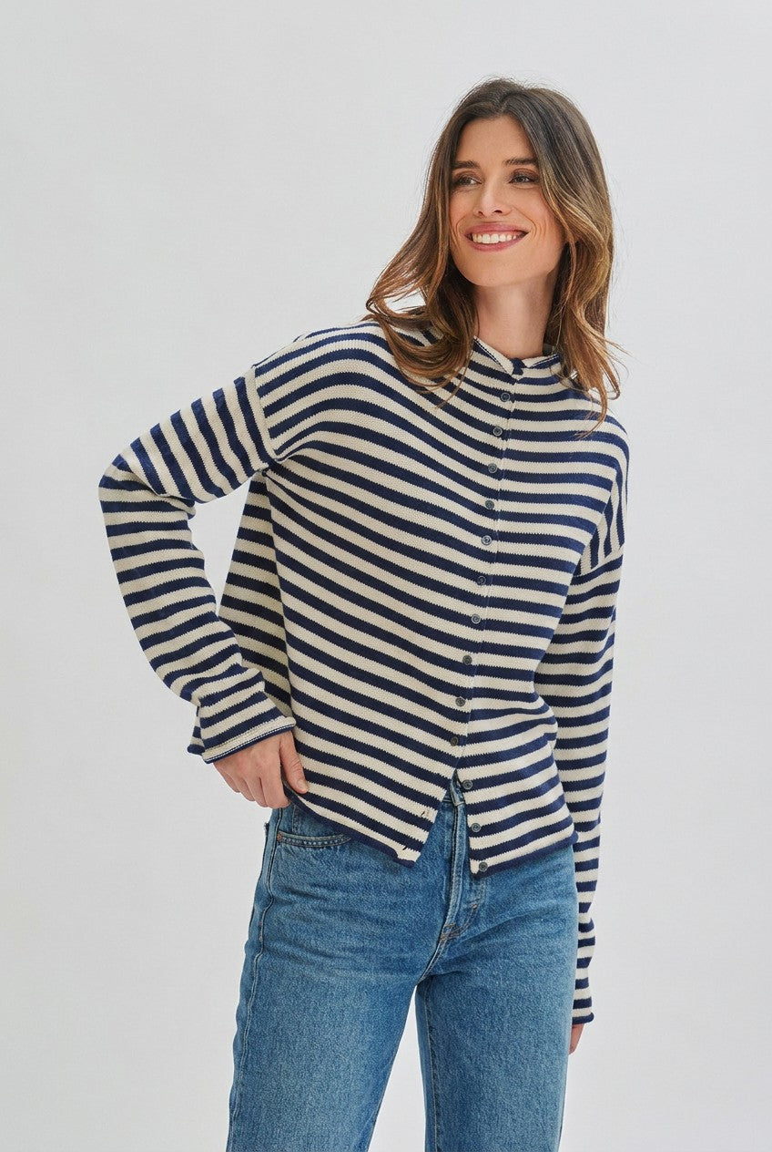 Striped Polo Collar Button Sweater with Rolled Edges in Ivory Black - Women's Wholesale Cardigans & Shrugs | Trend Notes