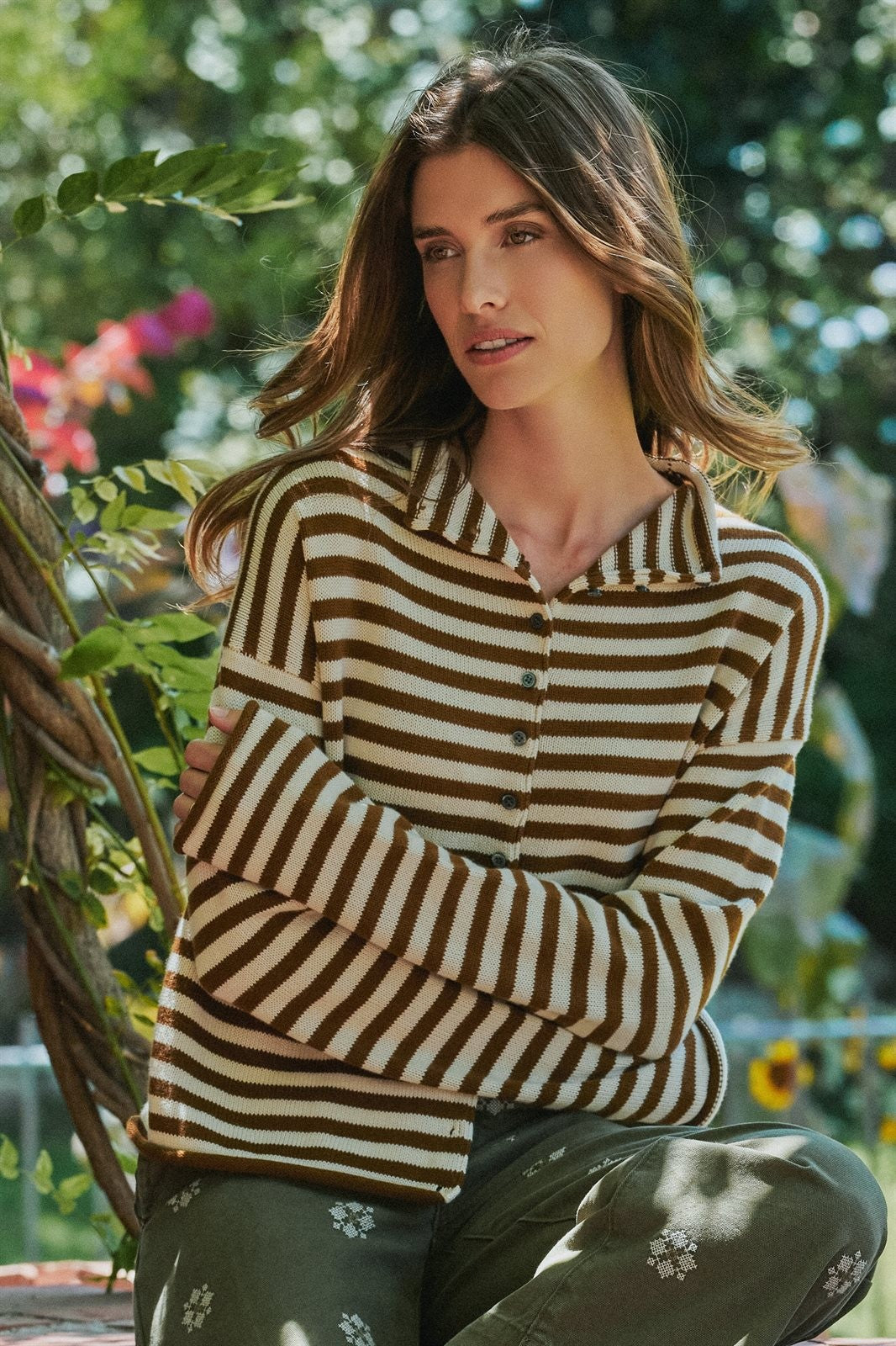 Striped Polo Collar Button Sweater with Rolled Edges in Ivory Brown - Women's Wholesale Cardigans & Shrugs | Trend Notes