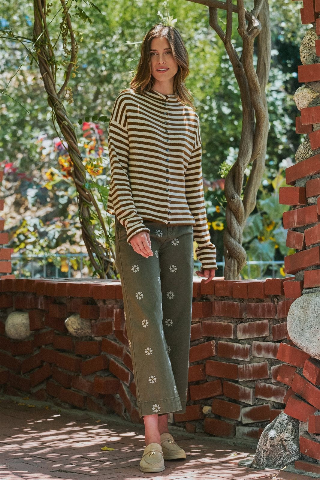 Striped Polo Collar Button Sweater with Rolled Edges in Ivory Brown - Women's Wholesale Cardigans & Shrugs | Trend Notes