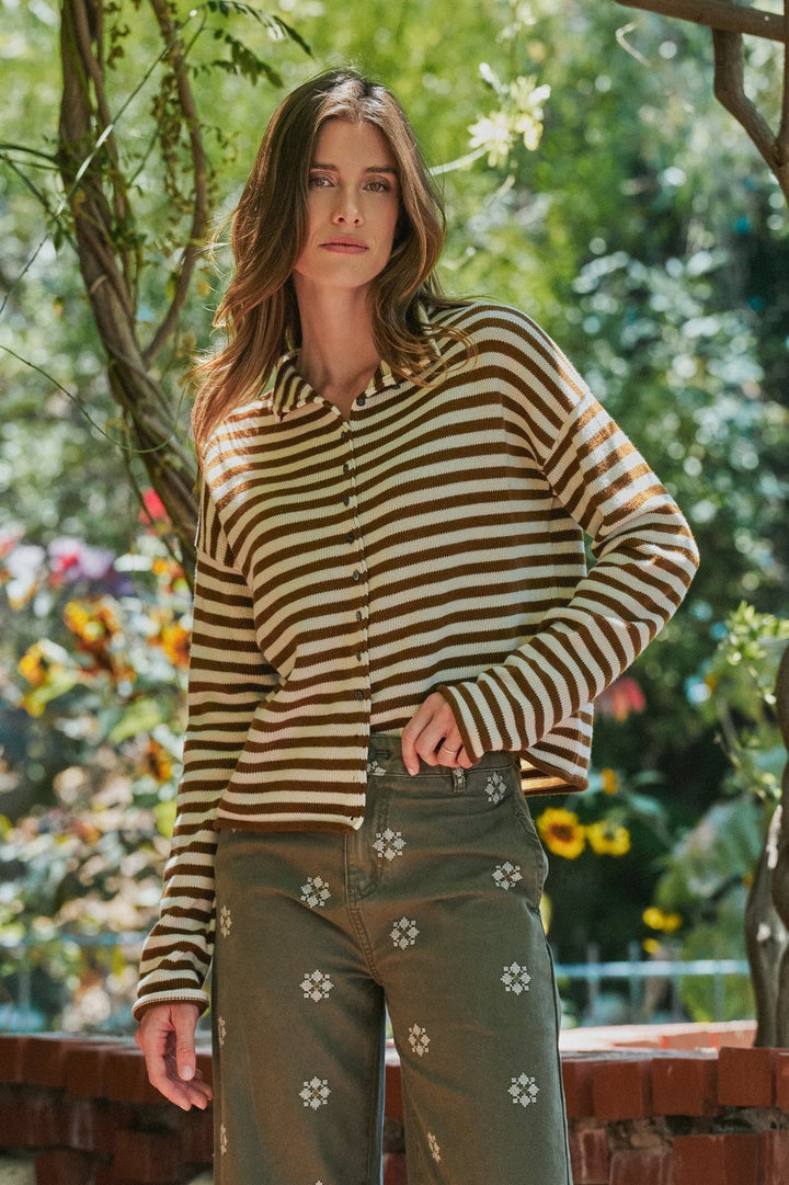 Striped Polo Collar Button Sweater with Rolled Edges in Ivory Brown - Women's Wholesale Cardigans & Shrugs | Trend Notes