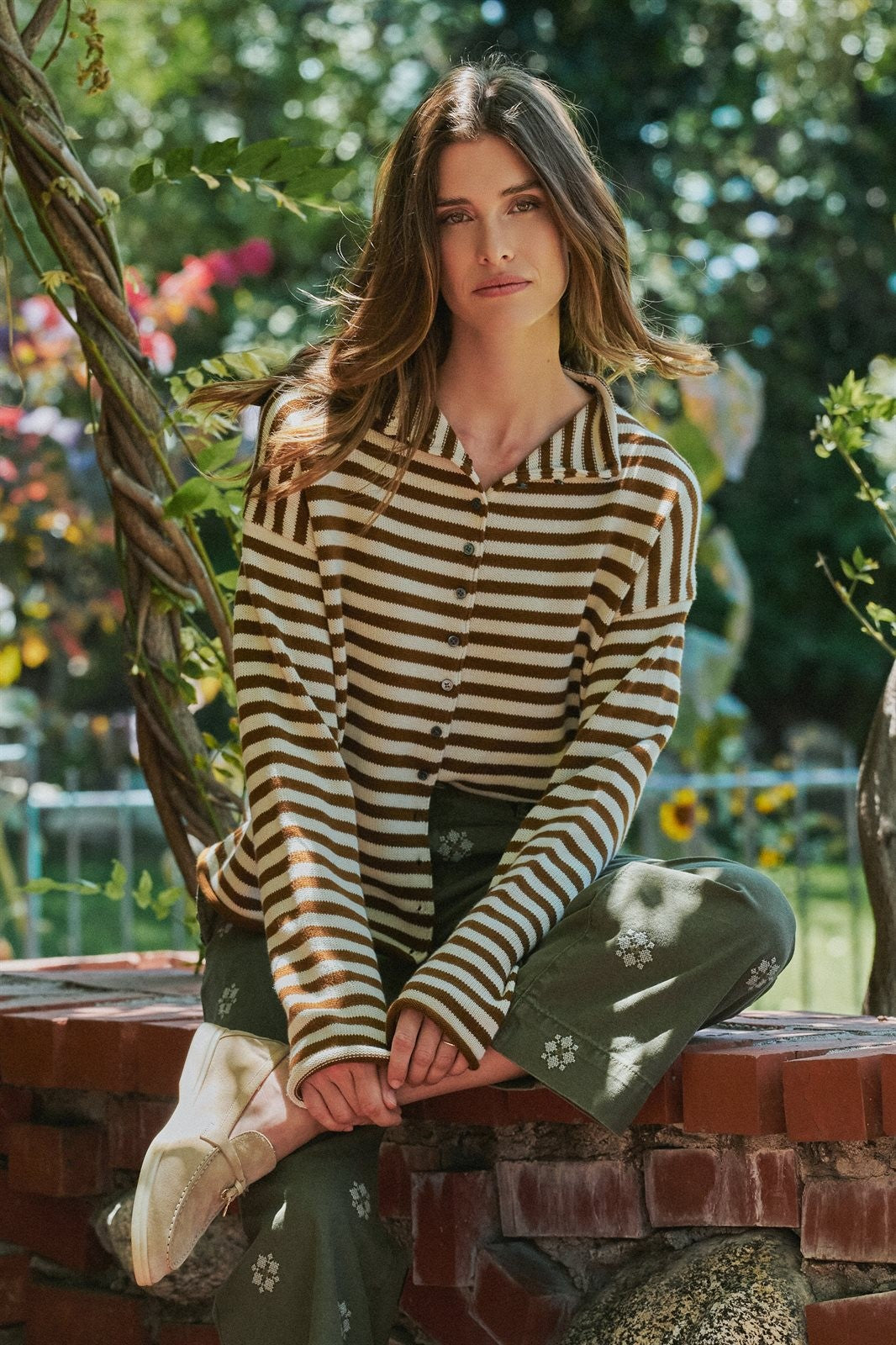 Striped Polo Collar Button Sweater with Rolled Edges in Ivory Brown - Women's Wholesale Cardigans & Shrugs | Trend Notes