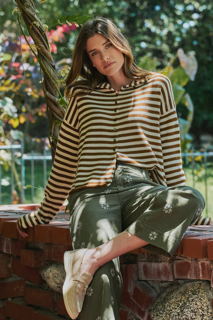 Striped Polo Collar Button Sweater with Rolled Edges in Ivory Brown - Women's Wholesale Cardigans & Shrugs | Trend Notes
