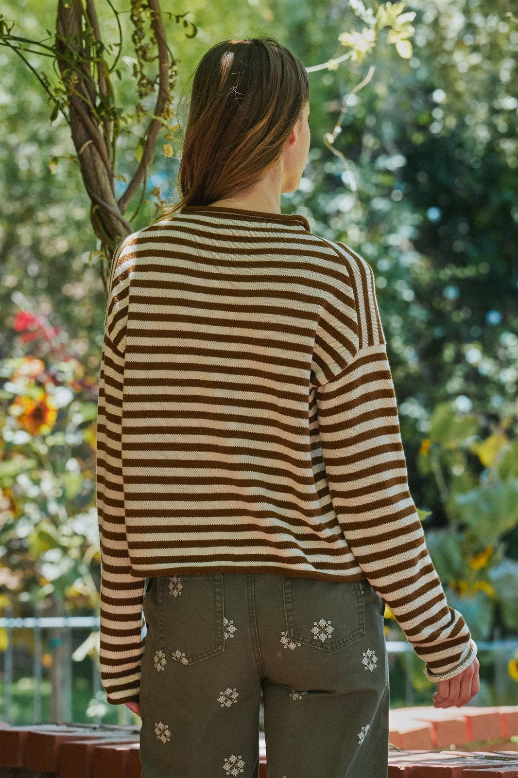 Striped Polo Collar Button Sweater with Rolled Edges in Ivory Brown - Women's Wholesale Cardigans & Shrugs | Trend Notes